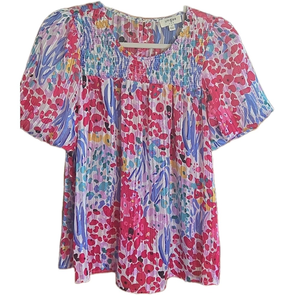 Umgee Women's Blouse Small Colorful Smocked Metallic Bubble Sleeve Boho Shirt